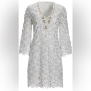 Embellished Metallic Floral Lace Tunic Dress